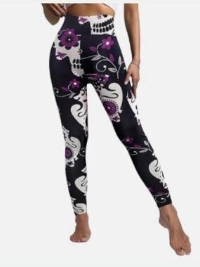 High-Waist Floral Skull Print Leggings - Black & Purple